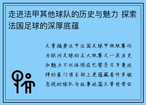 走进法甲其他球队的历史与魅力 探索法国足球的深厚底蕴