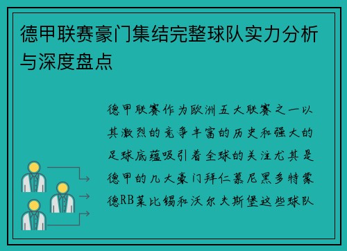 德甲联赛豪门集结完整球队实力分析与深度盘点