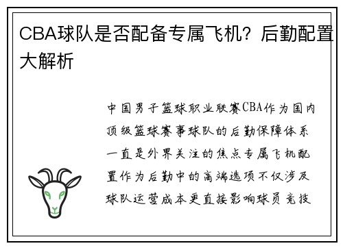 CBA球队是否配备专属飞机？后勤配置大解析